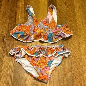 Posh Peanut Girls 5T Orange Blue Floral Flower Ruffle 2 Piece Swim Suit Bikini